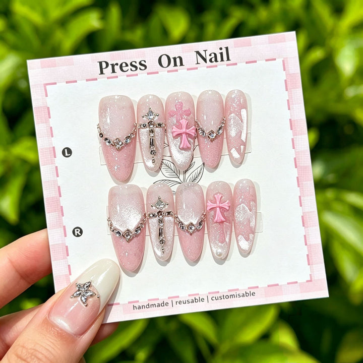 Artistic Press-On Nail Art Set with Cute Character and Bow Accents