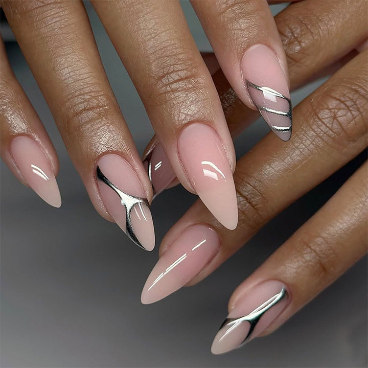 Elegant Press-On Nail Set with Artistic Silver Accents Kalsten