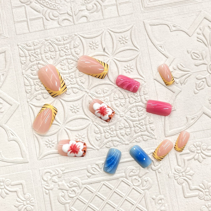 Artistic Press-On Nail Set with Floral and Wave Designs Kalsten