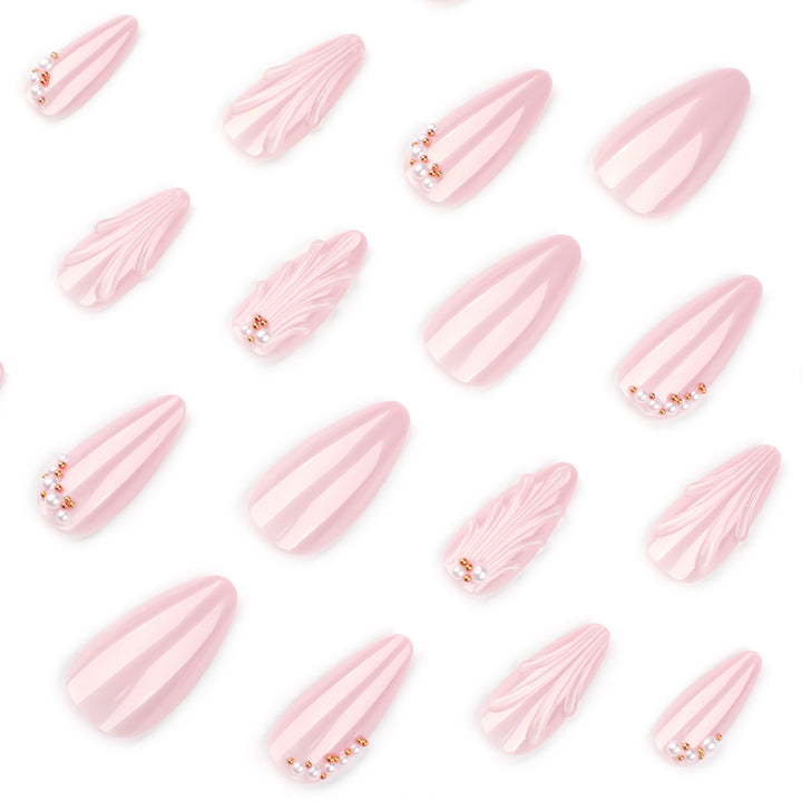 Elegant stiletto nails with shimmer design and pearl decorations Kalsten