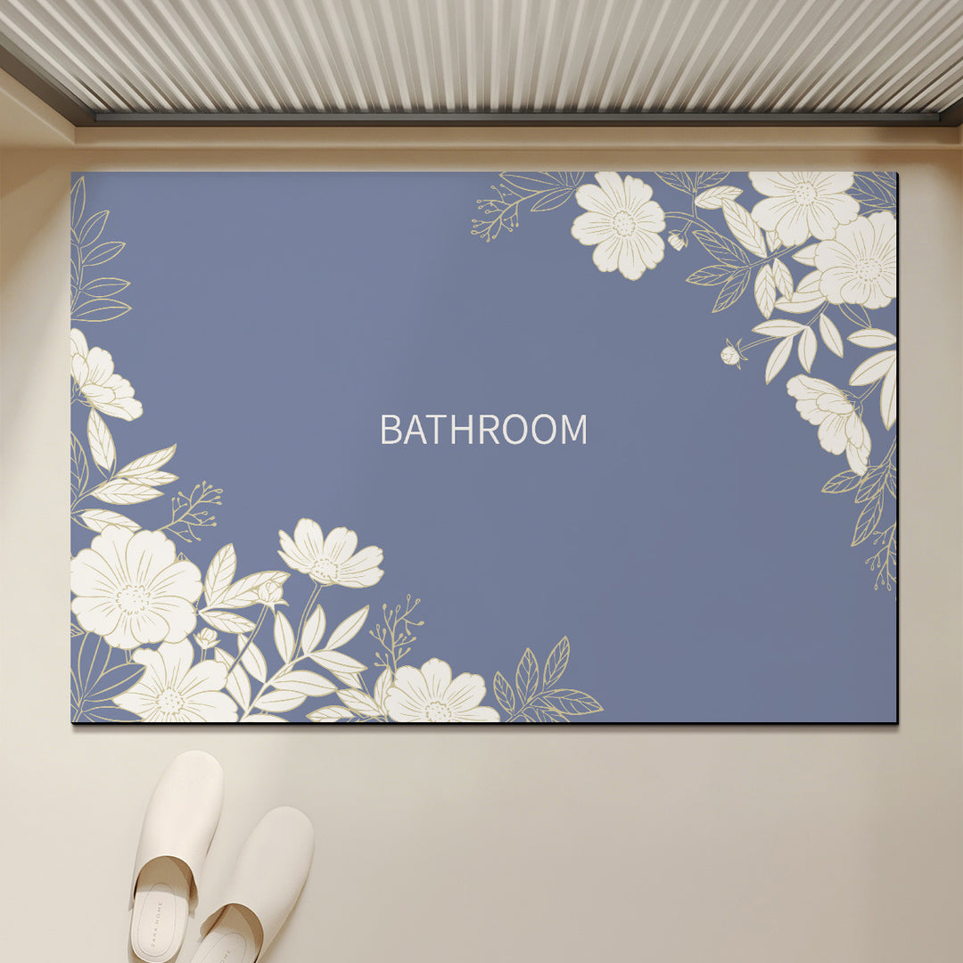 Absorbent Anti-Slip Bathroom Door Mat with Floral Corner Print and Quick-Dry Microfiber Surface