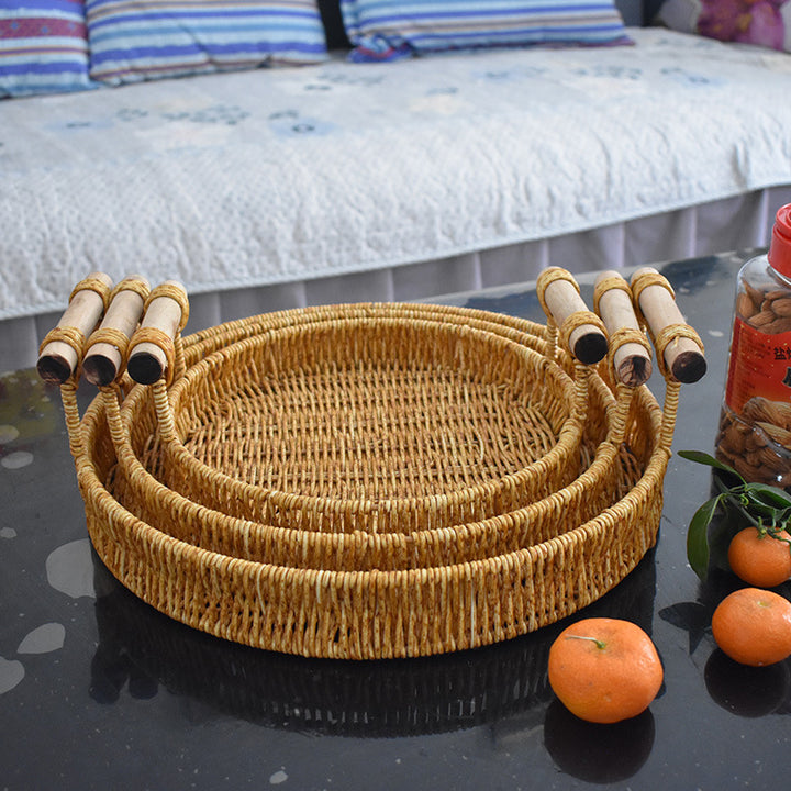 Handcrafted Natural Woven Serving Tray Set Kalsten