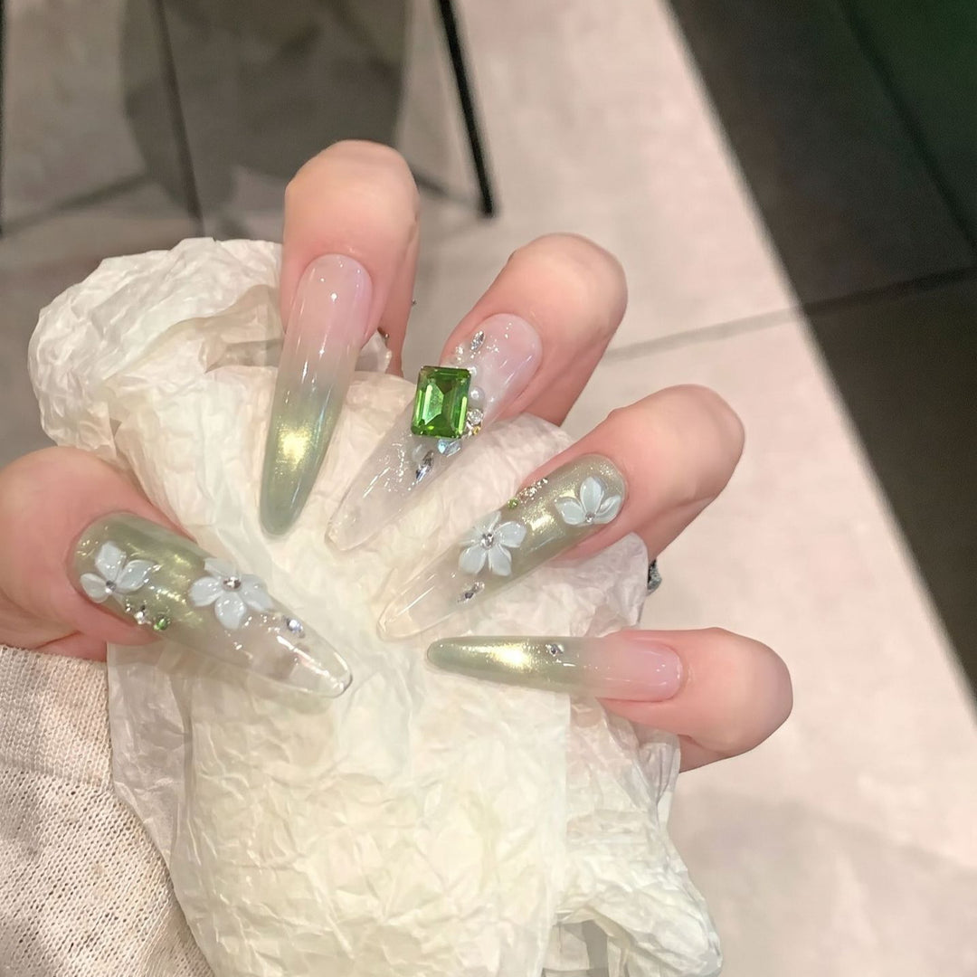 Floral Gemstone Stiletto Nail Set Kalsten