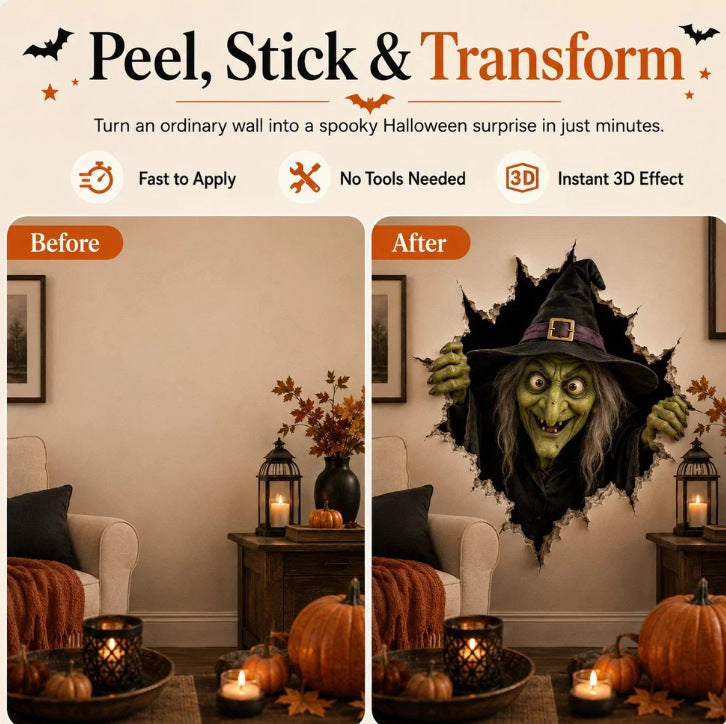 Three-dimensional Halloween wall sticker witch with hole-in-wall effect and pumpkin lantern