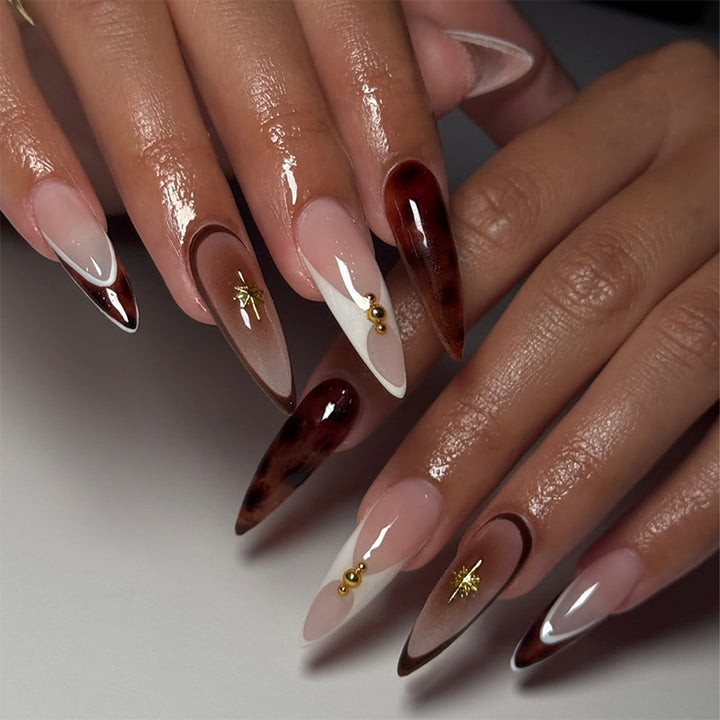 Artistic Press-On Nail Set with Unique Tortoiseshell and Subtle Floral Designs kalsten