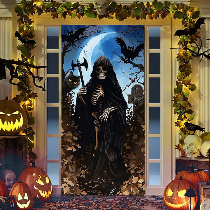 Halloween door poster with large-format Grim Reaper illustration and reusable PVC tarp fabric