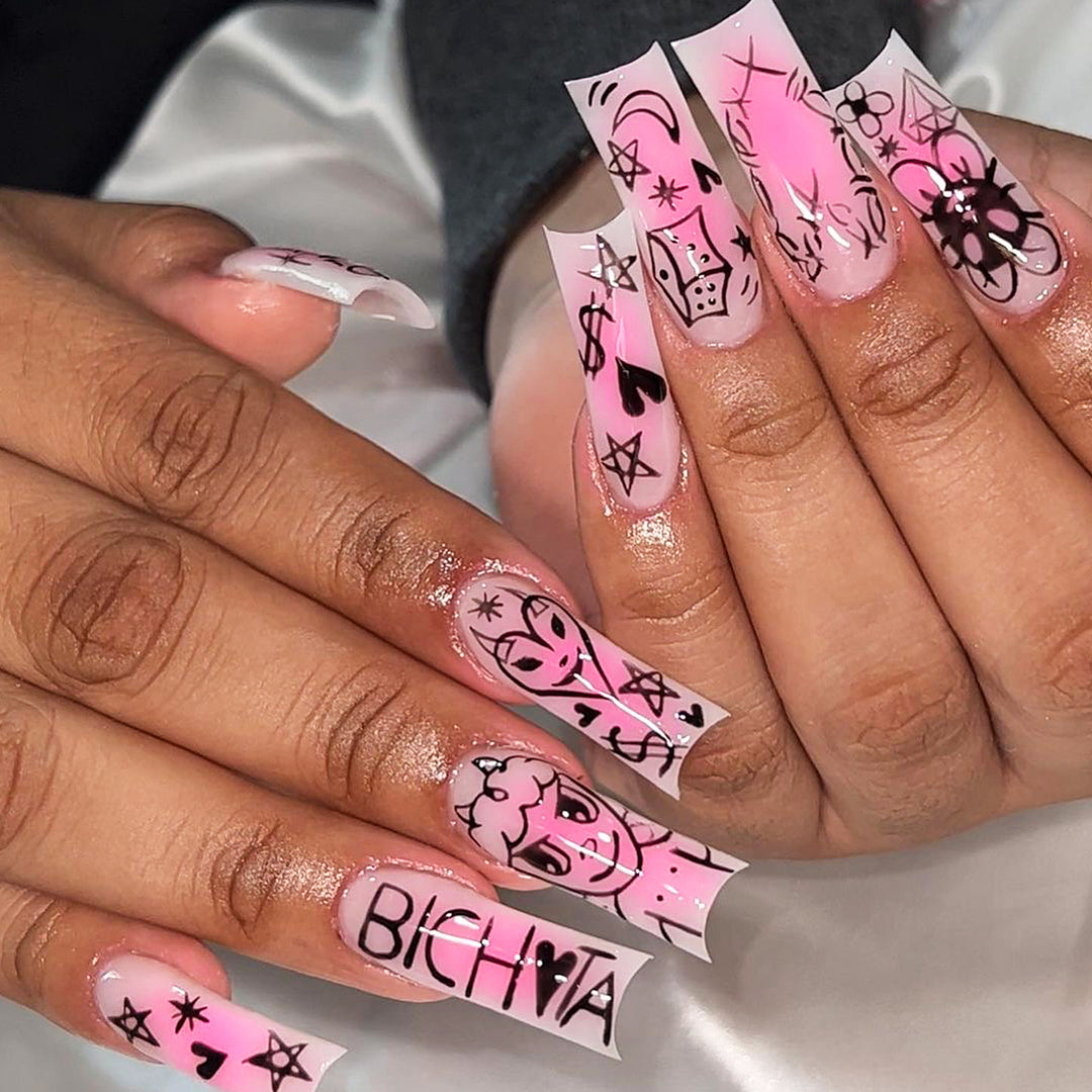 Artificial nail set with playful cartoon motif and shimmering accents Kalsten