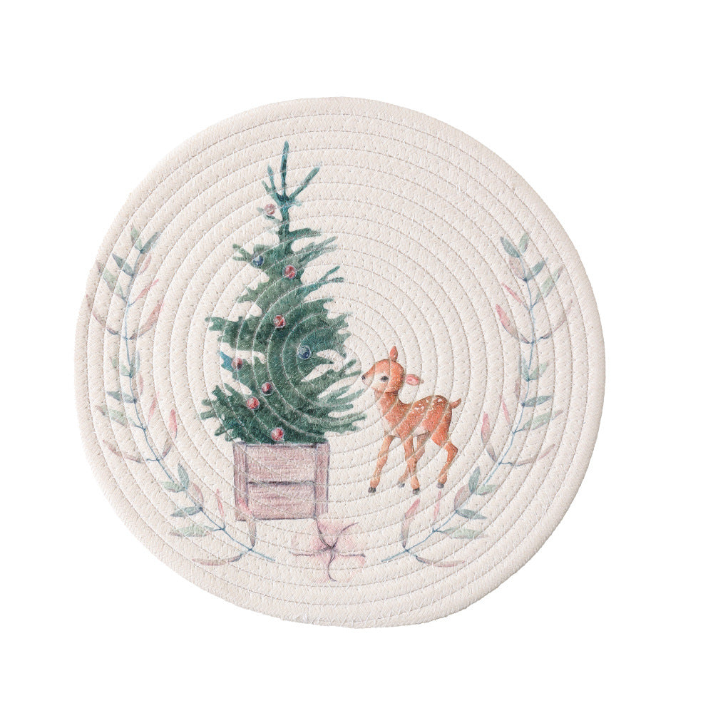 Round placemat made of woven cotton with a cute rhinoceros illustration and floral wreath Kalsten