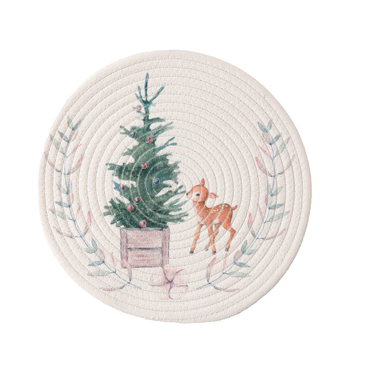 Round placemat made of woven cotton with a cute rhinoceros illustration and floral wreath Kalsten