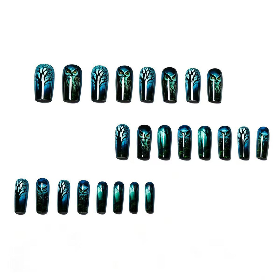 Artificial nails with elegant owl and forest motif Kalsten