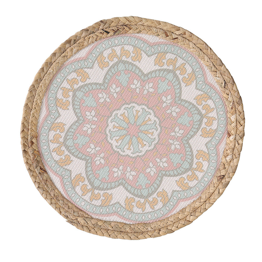 Round woven table mat made of jute with mandala cotton overlay Kalsten