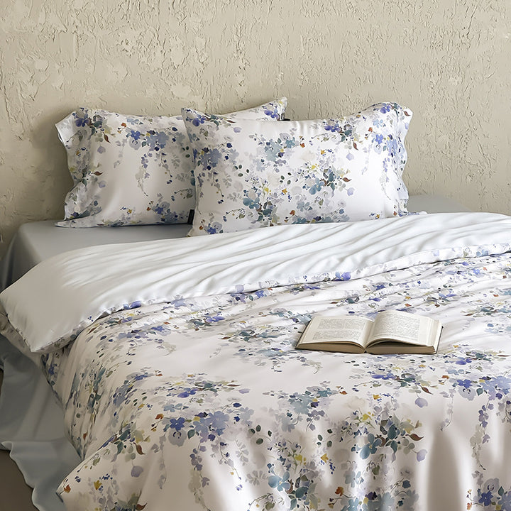 Luxurious satin bedding set with floral watercolor print and silky shiny finish