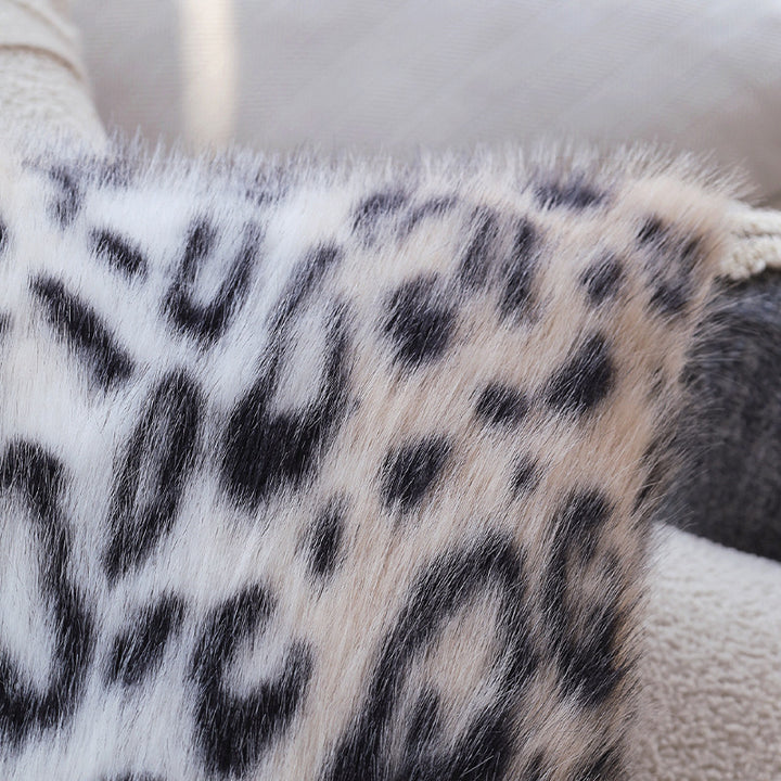 Set of square cushion covers with faux fur leopard pattern and woven herringbone look Kalsten