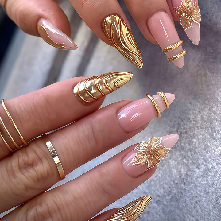 Elegant Metallic Floral Accent Press-On Nails Kalsten