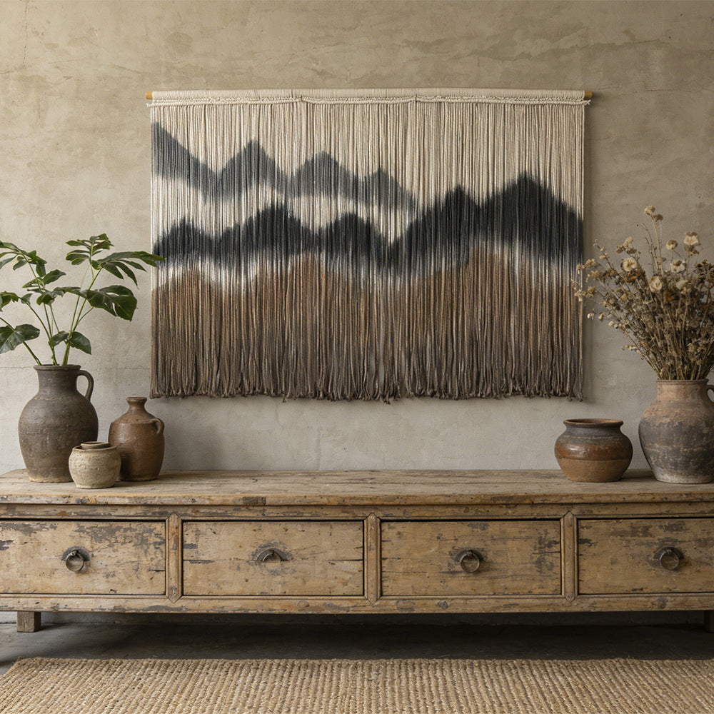 Elegant macrame wall hanging with artistic wave pattern