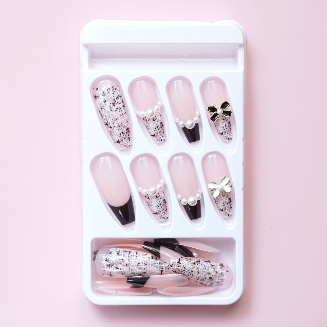 Decorative Press-On Nail Set with Pearl and Bow Accents
