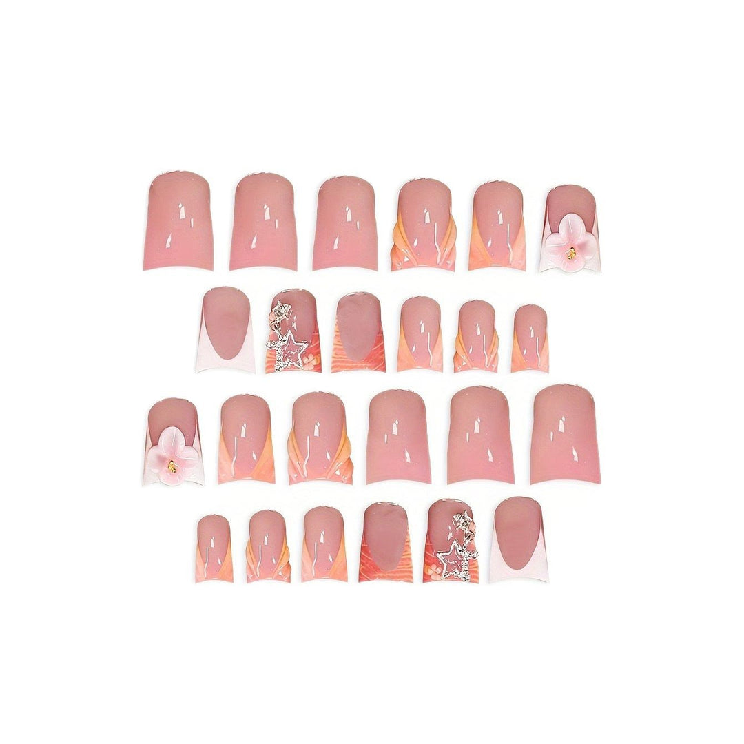 Artistic Press-On Nail Art Set with Floral and Gemstone Accents Kalsten