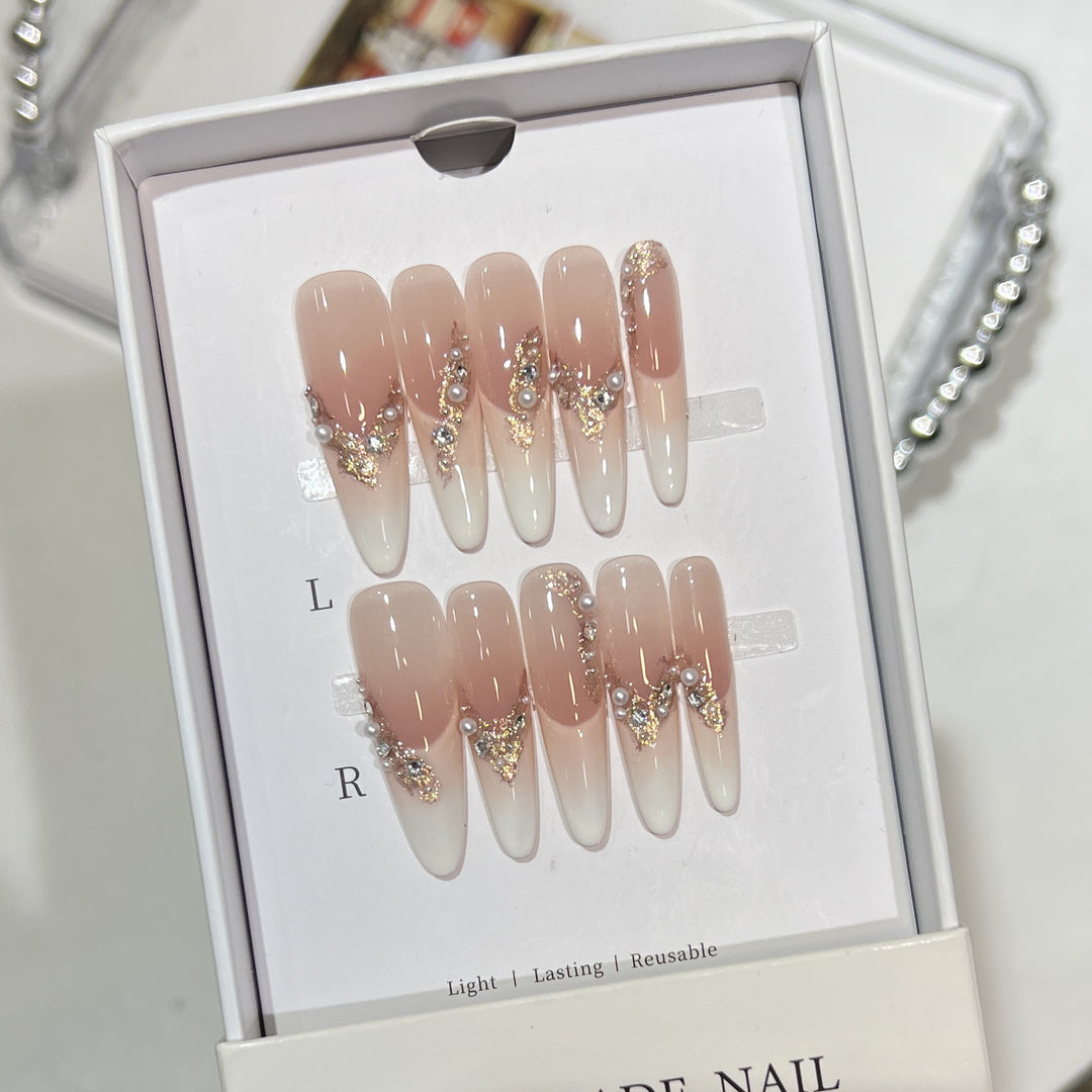 Elegant Stiletto Press-On Nail Art Set with Crystal and Pearl Accents Kalsten