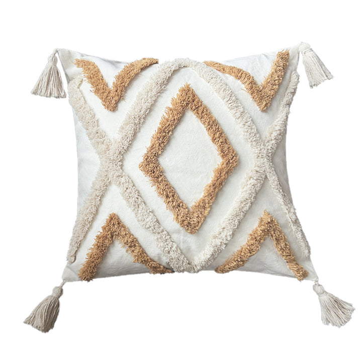 Square cushion cover made of cotton-linen with raised diamond tufting and corner tassels Kalsten