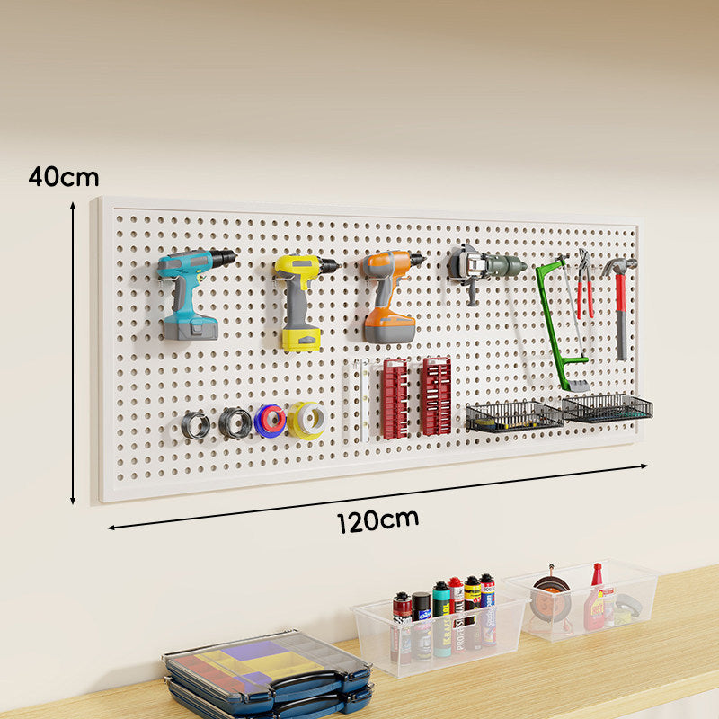 Wall-Mounted Perforated Metal Tool Pegboard Organizer Panel with Modular Hooks and Wire Baskets