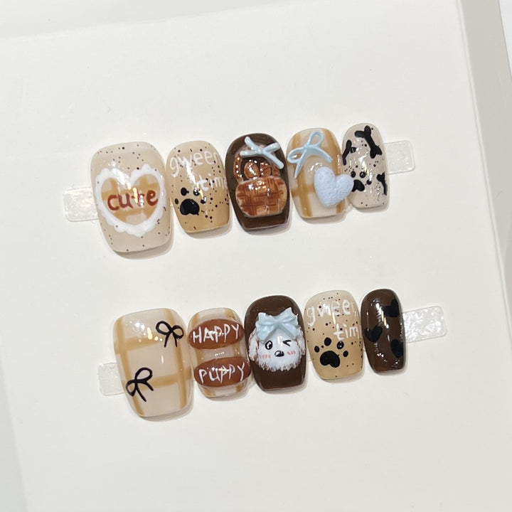 Playful Cartoon Dog-Themed Press-On Nail Art Set Kalsten