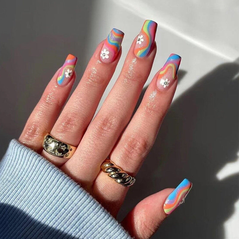 Artful Nail Extensions with Colorful Gradient and Delicate Flower Pattern Kalsten