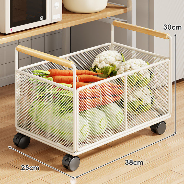 Rolling Mesh Kitchen Storage Cart with Wooden Handles