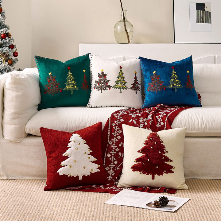 Plush Velvet Square Accent Pillow Cover with Hand-Stitched Christmas Tree Embroidery and Blanket-Stitch Edge