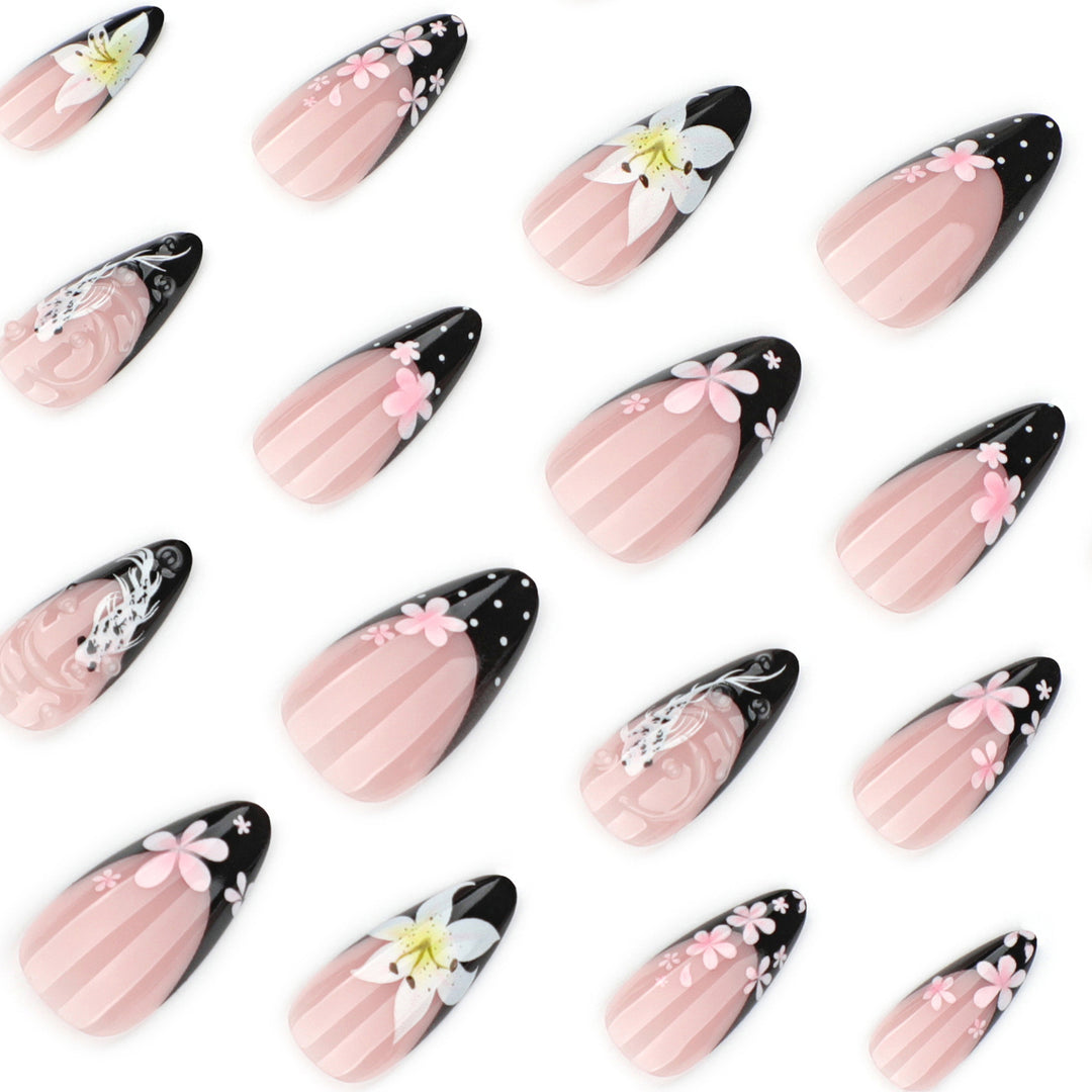 Elegant Nail Extensions with Creative Flowers and Black-White Patterns Kalsten