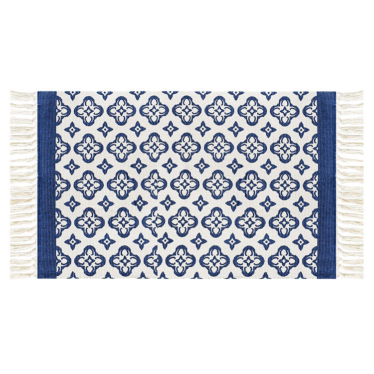 Flat-woven cotton runner with Mediterranean tile jacquard and decorative fringes Kalsten