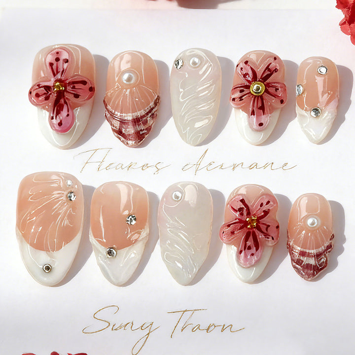 Artificial nails with handcrafted flower and glitter elements Kalsten