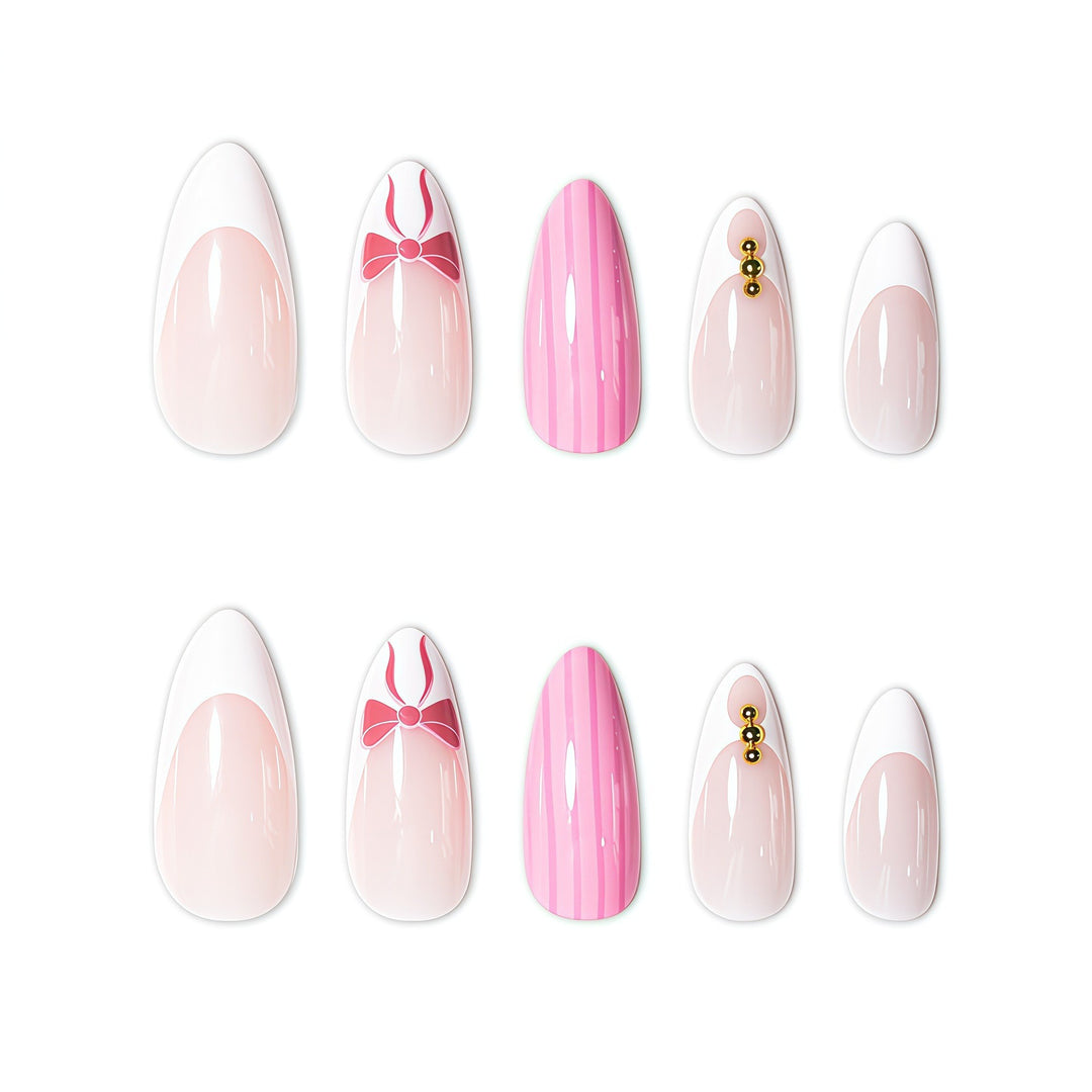 Artistic French Tip Press-On Nails with Bow Accents Kalsten