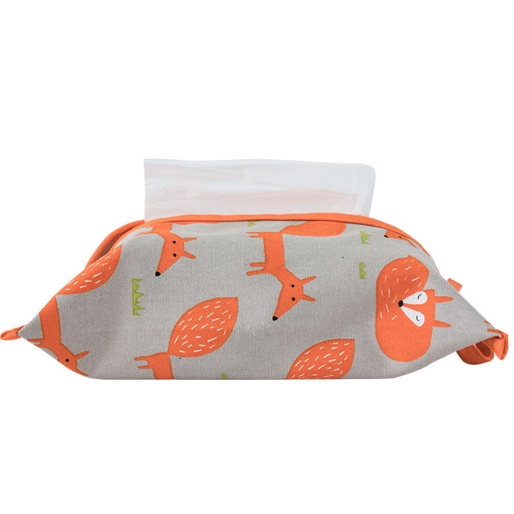 Rectangular handkerchief box cover made of cotton-linen with zipper and fox print