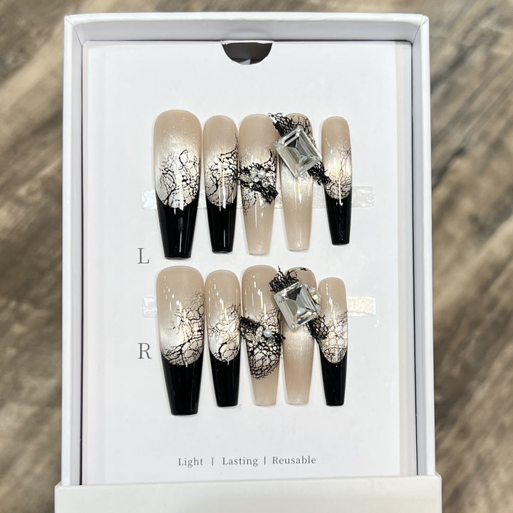 Artistic Press-On Nail Set with Unique Lace and Gemstone Accents Kalsten