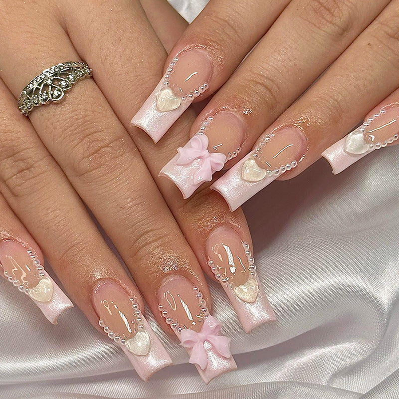Decorative Press-On Nail Art Set with Pearls and Bows kalsten