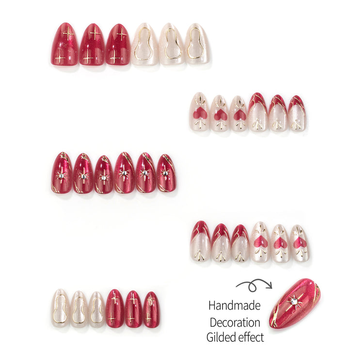 Artistic Press-On Nail Set with Heart and Star Designs