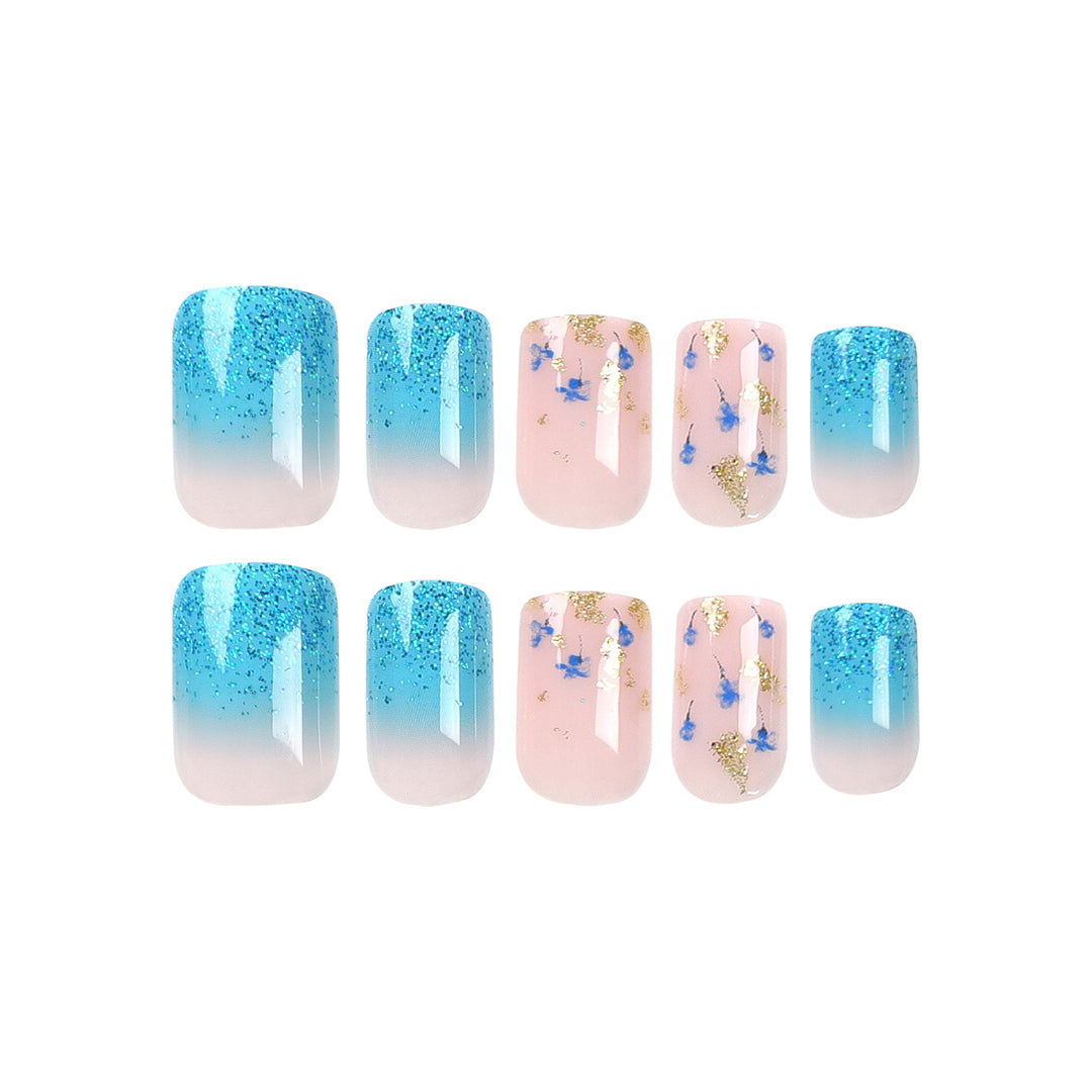 Artful acrylic nails with floral design and glitter effects Kalsten