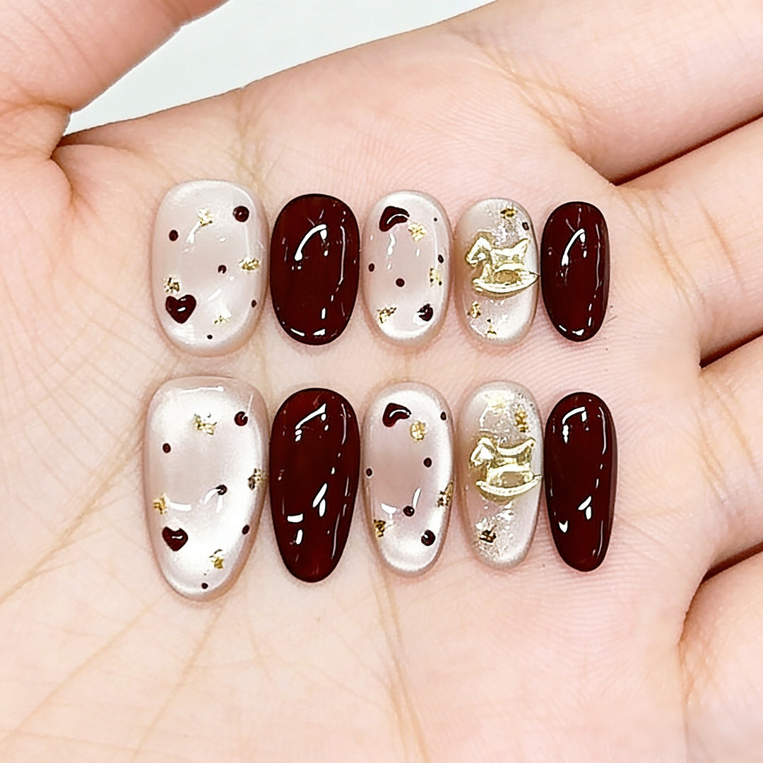 Decorative Press-On Nail Set with Heart and Gold Accents Kalsten