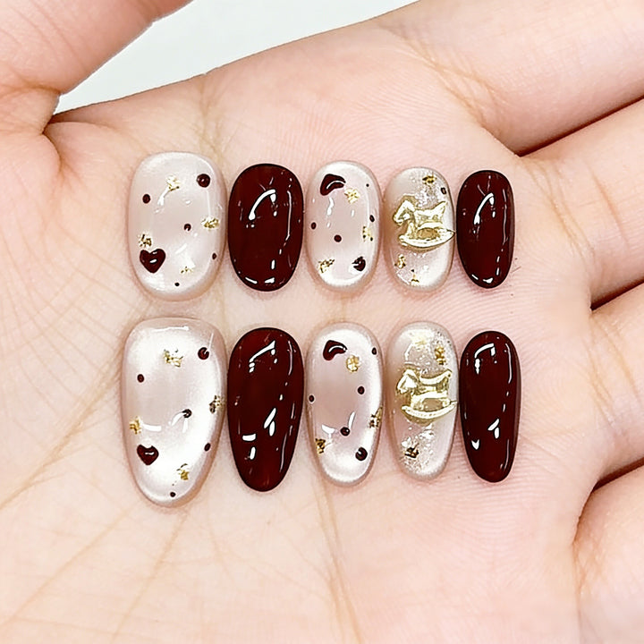 Decorative Press-On Nail Set with Heart and Gold Accents Kalsten