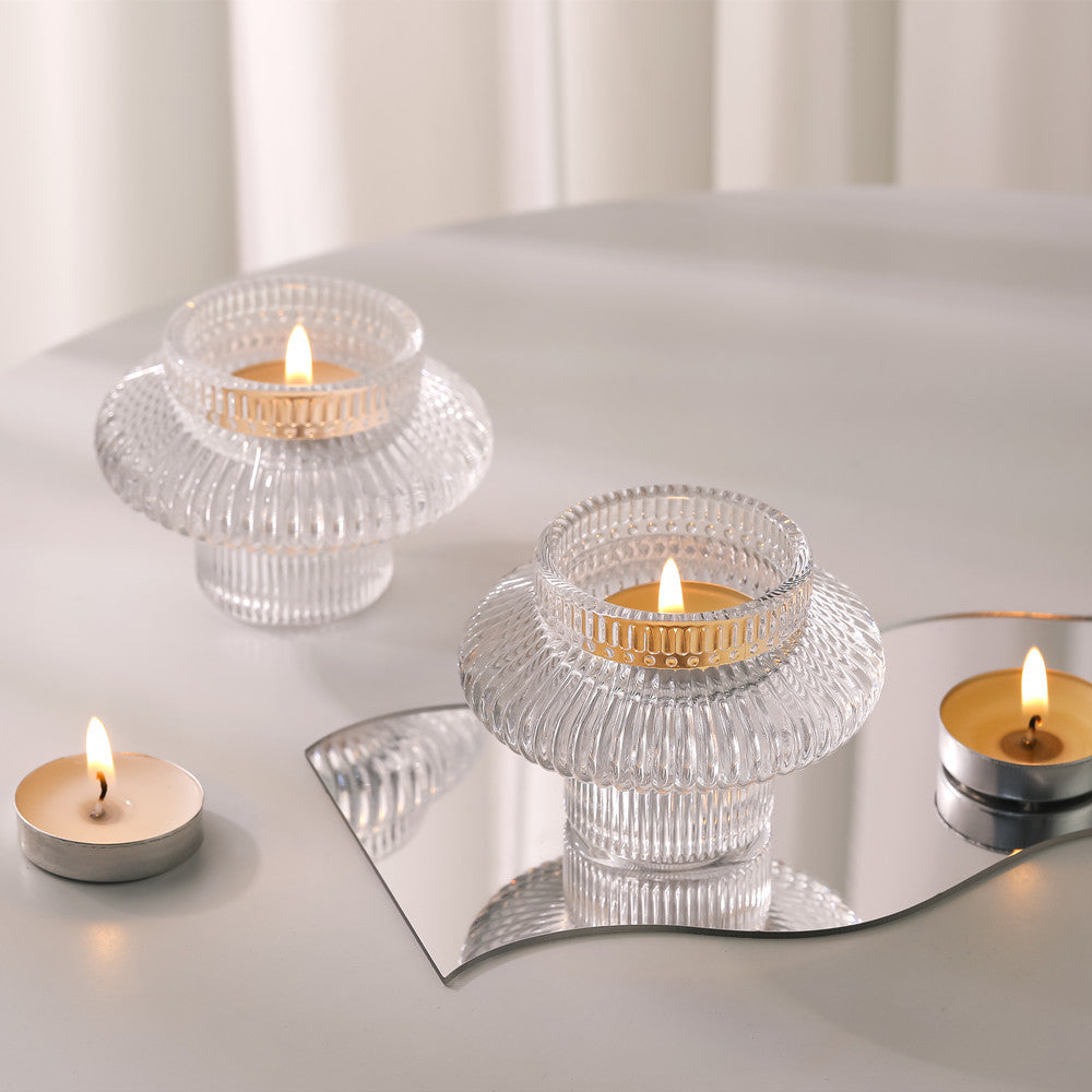 Ribbed Textured Glass Tealight Candle Holder with Flared Collar Kalsten