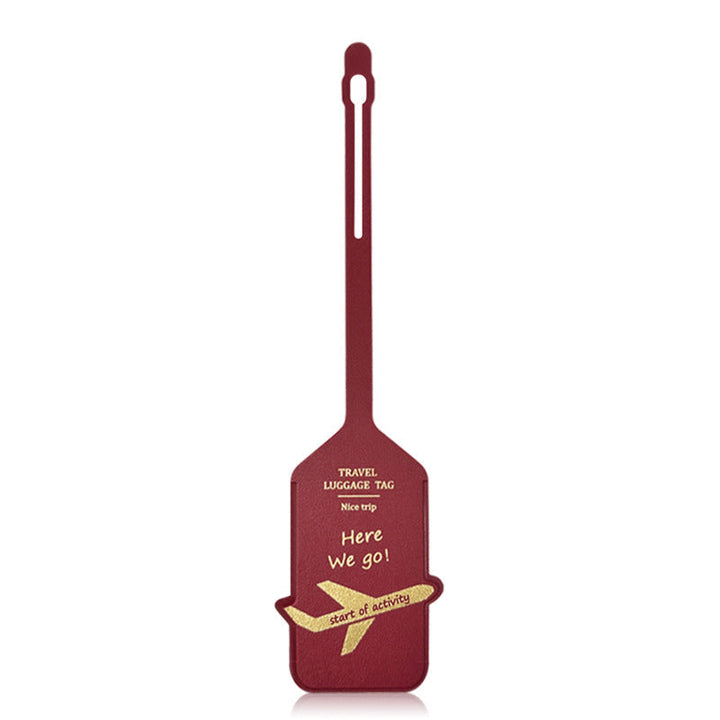 premium leather travel luggage ID tag with embossed airplane motif and adjustable strap Kalsten