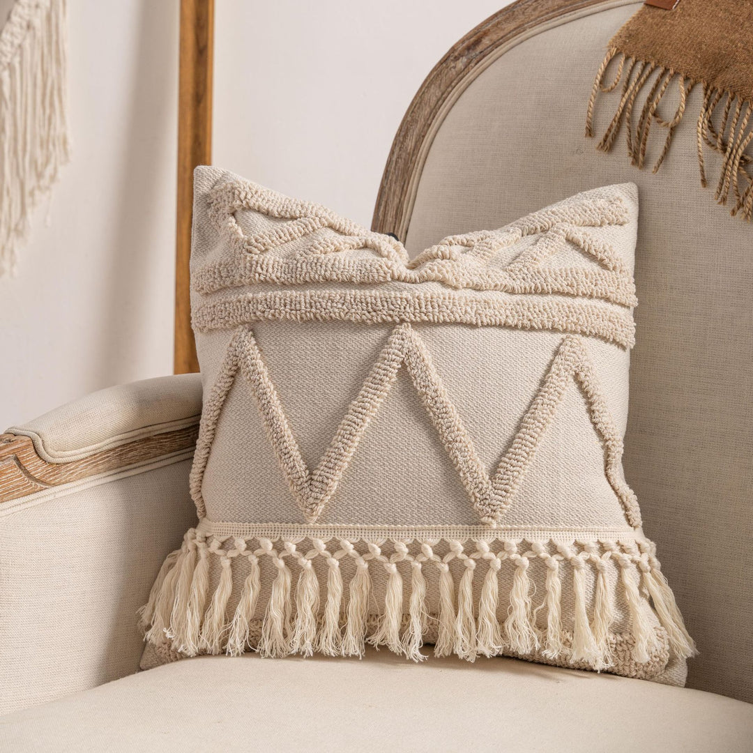 Bohemian Loop-Tufted Lumbar Pillow Cover with Curved Appliqué Texture