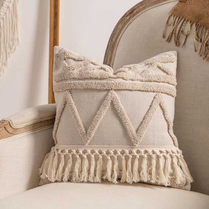 Bohemian Loop-Tufted Lumbar Pillow Cover with Curved Appliqué Texture