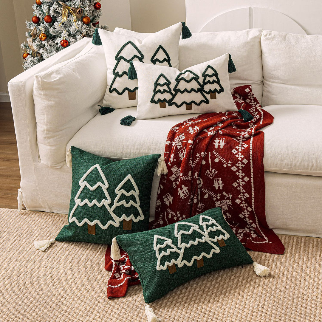 Embroidered Winter Tree Tassel Lumbar Throw Pillow
