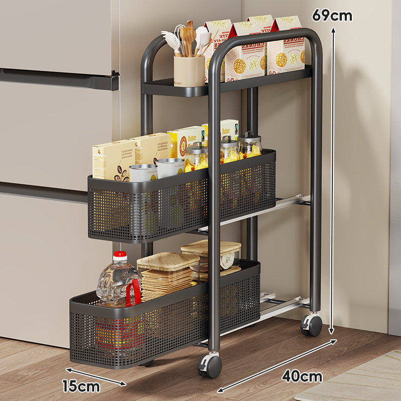 Slim Sliding Pantry Trolley with Perforated Pull-Out Mesh Baskets and Locking Casters