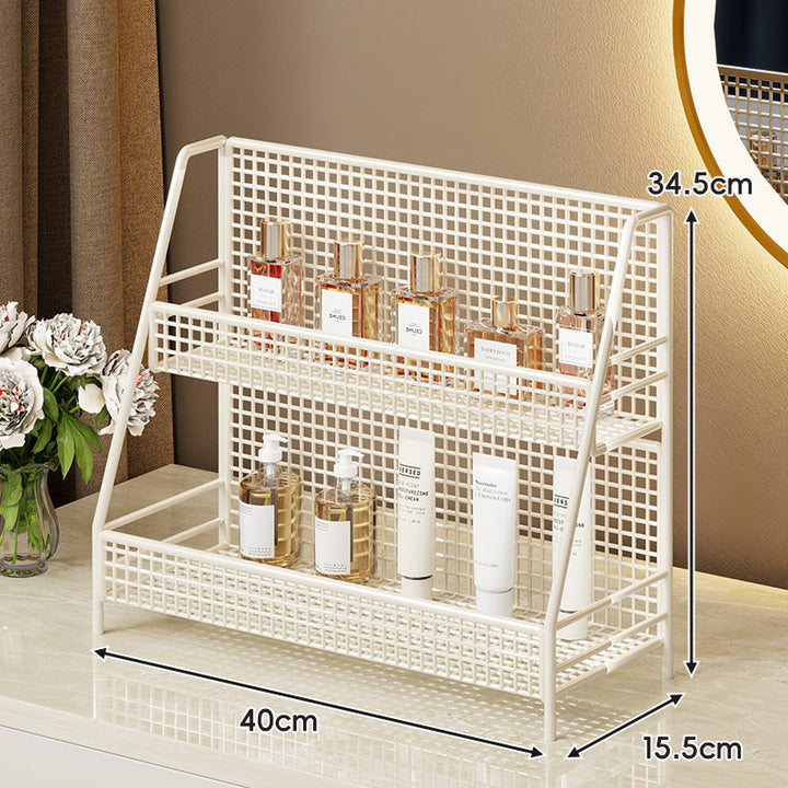 Two-Tier Metal Grid Countertop Vanity Organizer Shelf with Raised Front Lip