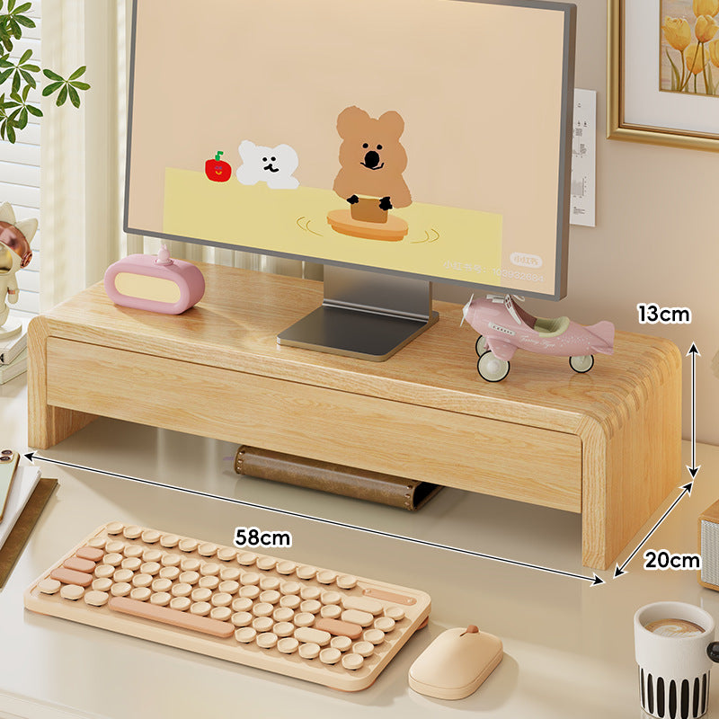 Wide Solid Wood Curved Desktop Monitor Stand Riser with Under-Shelf Storage