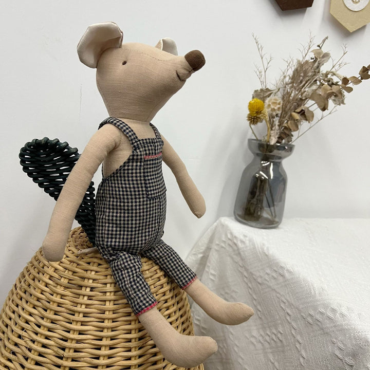 Handmade Organic Cotton Long-Leg Bunny Plush with Embroidered Overalls