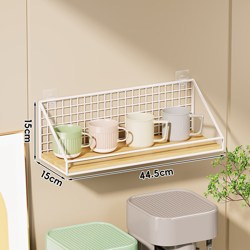 Ventilated Grid Wall Shelf with Wood-Look Tray and Clear Suction Mounts