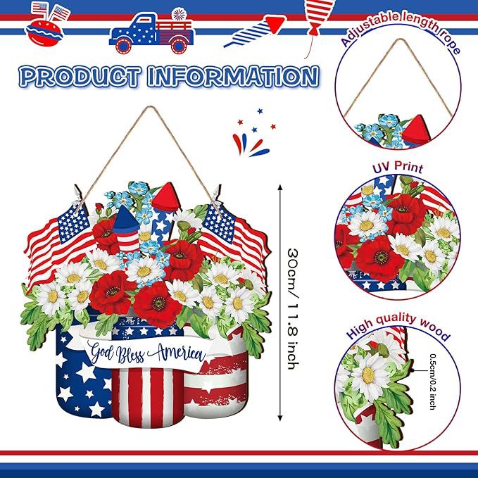 Unisex nan patriotic layered wooden door hanger with American flag buckets and floral bouquet Kalsten